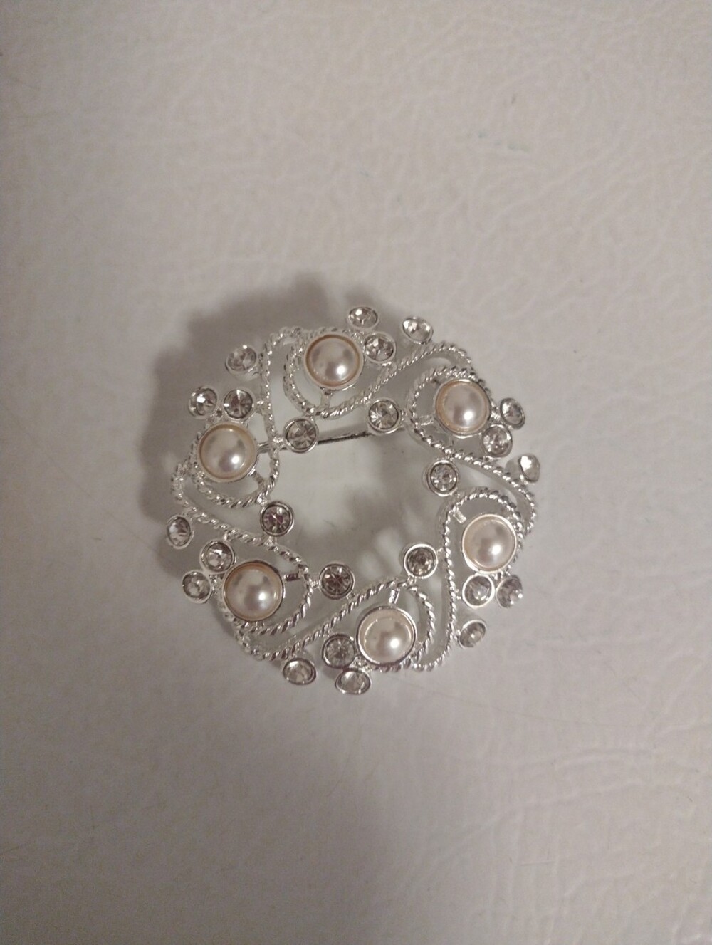 Vintage Napier Faux Pear Rhinestone Wreath Brooch Silver Tone